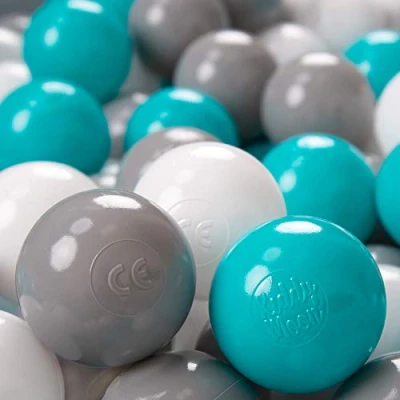 Afbeelding van KiddyMoon 200/6Cm ∅ Kleurrijke Plastic Ballen Voor Zwembad Kinderen Baby Made In EU, Grijs/Wit/Turquoise