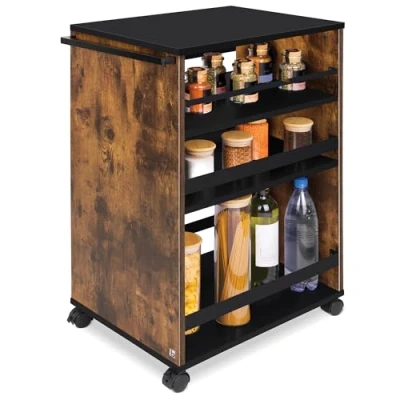 Afbeelding van bomoe Bengt Keukentrolley op Wieltjes 50x79x38 cm Serveerwagen Hout met 3 Planken &amp; FSC® werkblad Bruin Zwart