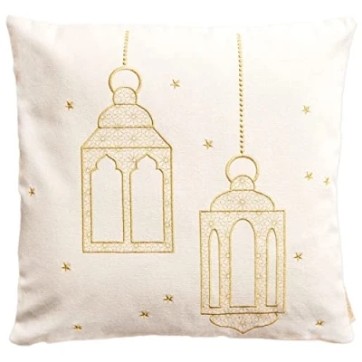 Afbeelding van Papierdrachen Ramadan decoratie kussenhoes goud geborduurd met lantaarn patroon 40 x cm seizoensgebonden suikerfeest