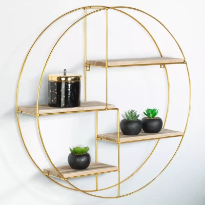 Image de Etagère murale ronde LILY 4 niveaux bois et métal doré design industriel