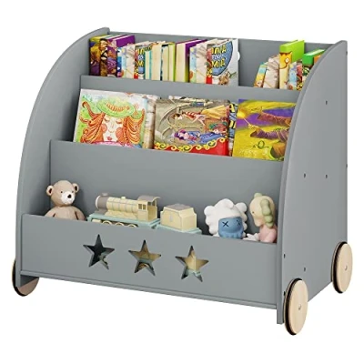 Afbeelding van WOLTU Kinderrek, boekenkast voor kinderen, speelgoedrek met wielen, 3 planken, houten staand rek, kinderkamerrek, multifunctionele organizer (grijs)