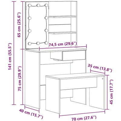 Afbeelding van vidaXL Kaptafelset met LED Zwart eiken Bewerkt hout, Kaptafel 74,5x40x141 cm, gemaakt van Kapstoel 70x35x45 cm hout