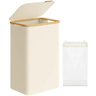 Afbeelding van SONGMICS LCB509W01Wasmand met deksel, 90 liter, uitneembare waszak, Oxford stof, handgrepen van bamboe, opvouwbaar, 42 x 32 70,5 cm, crèmewit