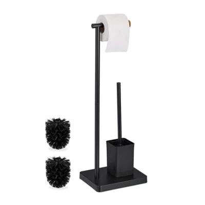 Afbeelding van Relaxdays Trim, h x d: 66,5 23 18 cm, staande toiletpapierhouder, toiletborstel met borstelhouder, roestvrij staal, zwart