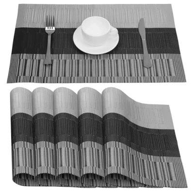Afbeelding van Belle Vous 6 Pack of Grey &amp; Black Placemats PVC Non Slip, Tear Resistant Washable Place Mats Easy To Clean, Heat Waterproof Table for Kitchen, Dining Table, Restaurant and Hotel