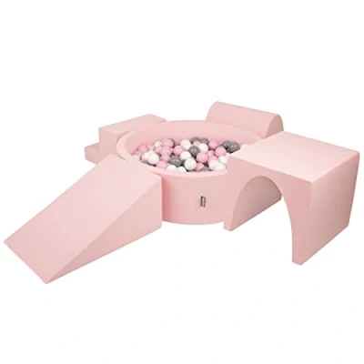 Afbeelding van KiddyMoon Foam Speeltuin met rond ballenbad (300 ballen), kinder ballenkuilen, speelgoed, hindernisbaan, gemaakt in de EU, roze: wit/grijs/poeder roze