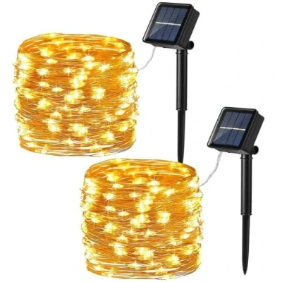 Afbeelding van PhilzOps Lichtketting op zonne energie voor buiten, 12 m, 120 leds, Kerstmis, 8 modi, waterdicht, koperdraad, licht decoratie, tuin, terras, huis, feest, warm wit, 2 stuks