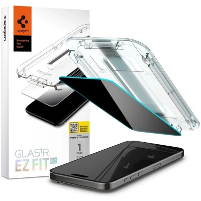 Afbeelding van Spigen Privacy Glass Geschikt voor Apple iPhone 15 Pro Max EZ Fit GLAS.tR 9H Tempered Screen Protector Case Friendly Gemakkelijke Installatie 1 Pack