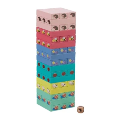 Afbeelding van Relaxdays vallende toren gekleurd kinderen dieren houten spel wiebeltoren