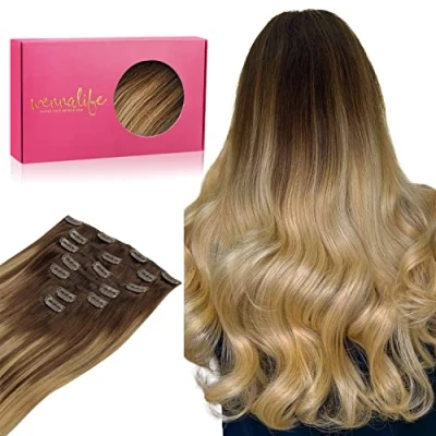 Afbeelding van WENNALIFE Clip in haarverlengingen van echt haar, 35 cm, 120 g, 7 stuks, balayage, chocoladebruin tot honingblond