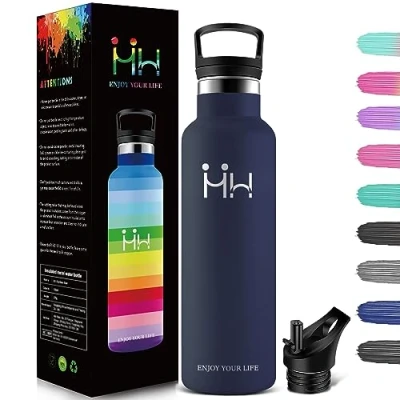 Afbeelding van HoneyHolly 500 ml thermosfles, BPA vrij, roestvrij staal, lekvrij, dubbelwandig, met rietje, geschikt voor koolzuurhoudende dranken