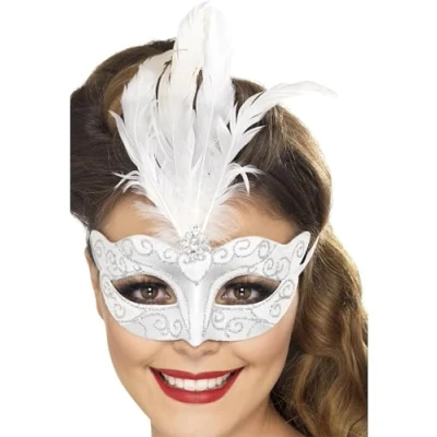 Image de Loup vénitien argenté avec plumes blanches adulte taille unique