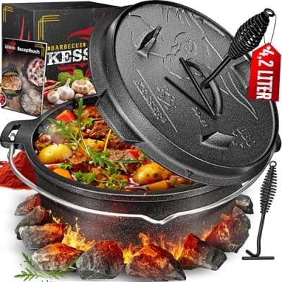 Afbeelding van KESSER® Dutch Oven Gietijzeren Pan met Deksel voor Buiten &amp; Binnen BBQ Multifunctionele Kookset Barbecuepan Braadpan 2 5 personen onderzetter 4,2 Liter