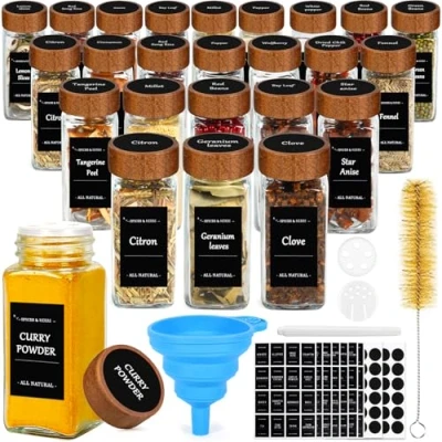 Afbeelding van ZZXLOPEZ Kruidenpot van glas en hout, 24 stuks, 120 ml, kruidenpotjes, set, vierkante glazen kruidenpot, container voor specerijen, kruidendoos, keuken, opslag, met etiketten, trechter, borstel