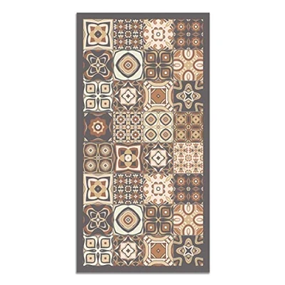 Afbeelding van Panorama Vloerkleed van vinyl, cementtegels 60 x 200 cm Keukentapijt pvc, linoleum, vinyl Antislip, wasbaar, vuurvast Tapijt voor keuken, kantoor, woonkamer Vloerbescherming, bruin