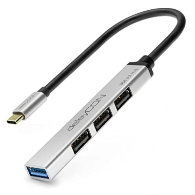 Afbeelding van deleyCON USB HUB 4 poorten x A stopcontacten (1 3.0 // 3 2.0 vrouwelijke stekker) 15 cm kabel met C stekker zilver