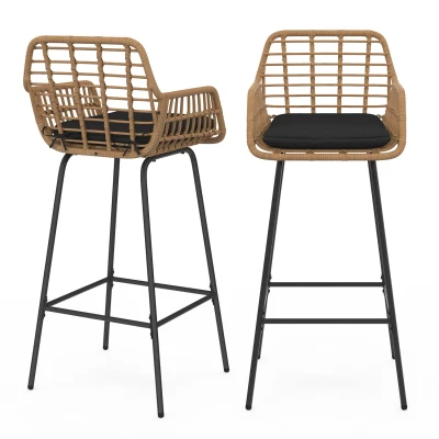 Afbeelding van IDMarket Set van 2 barkrukken Summer in rotanlook, beige, metalen voet, zwart, met armleuningen