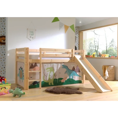Afbeelding van LUCEVI Pino Halfhoogslaper H115CM + Ladder Glijbaan Dino Gordijntjes Bruin 90x200 cm