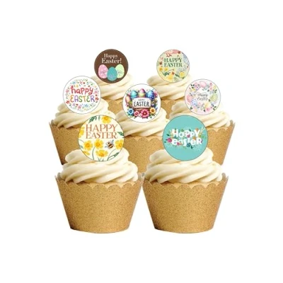 Afbeelding van 24 x paasdecoraties, eetbare oblaten, voor taartdecoraties, motief: Happy