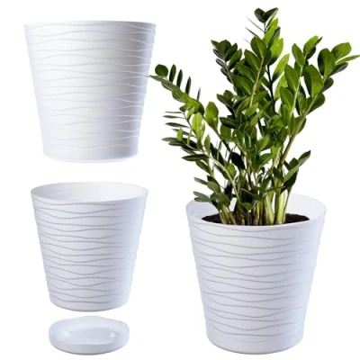Afbeelding van KADAX Bloempot met onderzetter, plantenbak voor binnen, lichte bloempot, van kunststof, ronde sierpot bloemen, planten, huis, (30 cm, wit)