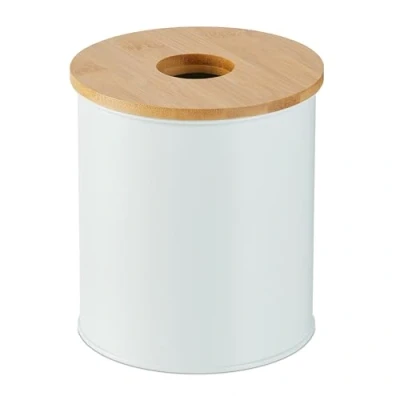 Afbeelding van Relaxdays badkamer prullenbak 2 L klein afvalbakje toilet bamboe deksel kaptafel wit