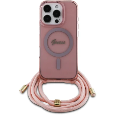 Afbeelding van Guess iPhone 16 Pro pink hardcase Crossbody Cord Script MagSafe Back Cover