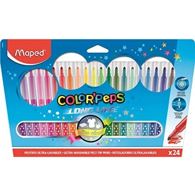 Image de Maped Feutres Long Life 24 de Coloriage Ultra lavables et Longue Durée Pointe Moyenne Bloquée Couleurs vives Idéal Fournitures Rentrée Scolaire Pochette Carton