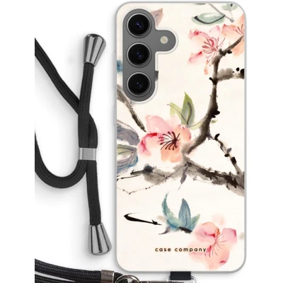 Afbeelding van Case Company® hoesje met Koord geschikt voor Samsung Galaxy S24 Japanse bloemen Telefoonhoesje Zwart Bescherming aan alle Kanten en Over de Schermrand