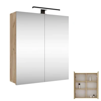Afbeelding van Planetmöbel Merkur Spiegelbadkamerkast met verlichting, 60 cm breed, hangkast spiegel, led mat zwart, eiken goud