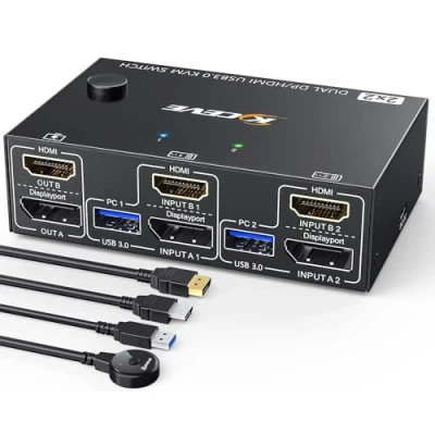 Afbeelding van USB 3.0 KVM switch voor twee schermen 4K 60Hz, 2K bij 120Hz, 2 pc&#039;s monitoren HDMI + Displayport computers die en 4 apparaten delen. Bekabelde afstandsbediening