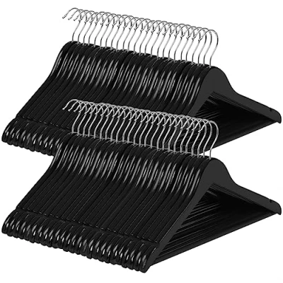 Afbeelding van Songmics 80 stuks massief houten kleerhangers met schouderinkepingen, antislip broekstang, 360 draaibare haak, voor pakken, overhemden, zwart/zilver, CRW02B