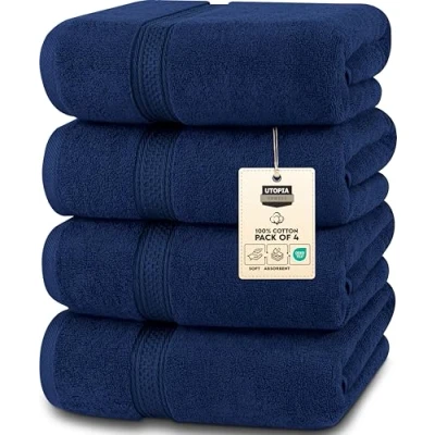 Afbeelding van Utopia Towels Set van 4 hoogwaardige badhanddoeken 100% gekamd katoen, sneldrogend, zeer absorberend, zachte handdoeken, perfect voor dagelijks gebruik, 69 x 137 cm (marineblauw)