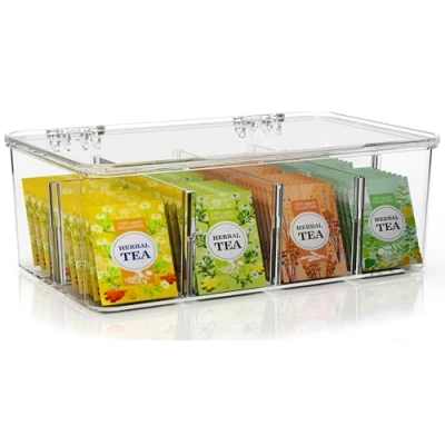 Afbeelding van Theezak organizer, 1 stuk, stapelbaar theezakjes, opbergorganizer met transparant deksel, theezakjeshouder voor werkbladen, keukenkasten, voorraadkamers, zoetstoffe (transparant)