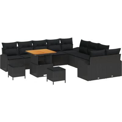 Afbeelding van vidaXL 13 delige tuinset met kussens in zwart poly rattan en acacia
