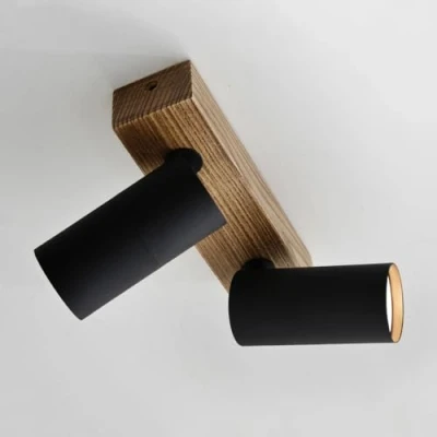 Afbeelding van ouglres Industriële plafondlamp met 2 lampen, GU10, hout, zwart, draaibare lampenkap, modern, metaal, retrostijl, voor eetkamer, woonkamer, slaapkamer, keuken
