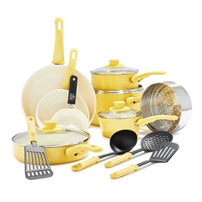 Afbeelding van GreenLife Soft Grip 16 delige keramische pannenset met antiaanbaklaag, niet PFAS coating, pannen, steelpannen, potten, vaatwasser , ovenbestendig, geel