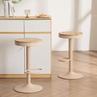 Afbeelding van YOUNIKE Barkruk van hout, 2 stuks, in hoogte verstelbaar, draaibaar, met voetensteun, voor bar, keuken, kaki