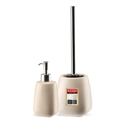 Afbeelding van KADAX 2 delige badkamerset van keramiek, badkameraccessoires, zeepdispenser, badkamerbeker, zeepbakje en wc borstel (borstel dispenser beige)