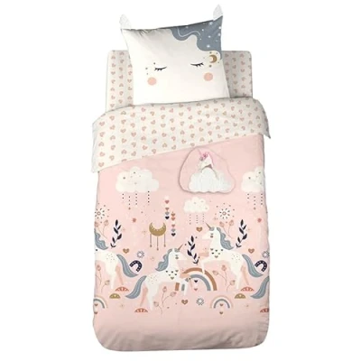 Afbeelding van CÔTE DECO Bedrukt beddengoed 140 x 200 cm voor kinderen, dekbedovertrek + 1 kussensloop 63 cm, motief eenhoorn, hart, roze, met knuffelzak, dekbedovertrekset van microvezel