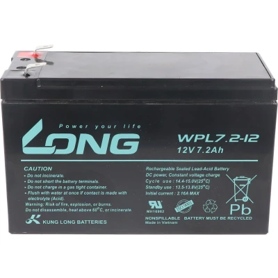 Afbeelding van Kung Long WP7.2 12 F2 Longlife lood vlies accu, 12V, 7.2Ah met 6.3mm Faston aansluiting