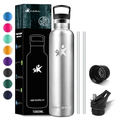 Afbeelding van KollyKolla Thermosfles, 1 l, roestvrijstalen drinkfles met rietje, BPA vrije waterfles, herbruikbaar, lekvrij, thermosfles voor kinderen, volwassenen, yoga, sport, 2 doppen