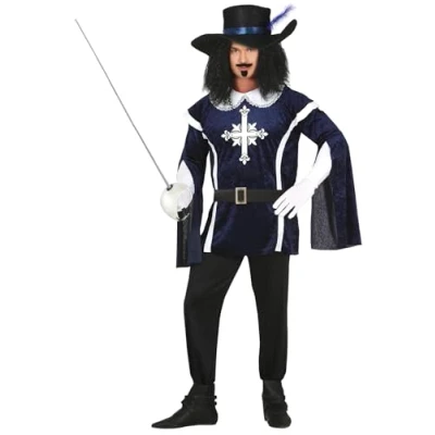 Afbeelding van FIESTAS GUIRCA Musketier kostuum blauwe en witte ridderoutfit met hoed voor volwassenen heren maat L 52 54