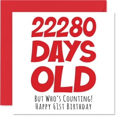Afbeelding van 61 jaar verjaardagskaart voor mannen en vrouwen 22280 dagen grappige volwassenen broer, zus, opa, mama, papa, 145 mm x