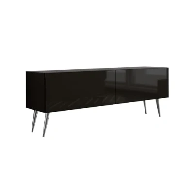 Afbeelding van Meuble TV : deux portes, étagères, Couleur noir mat/noir brillant, pieds chromés, D L 140 cm, H 52 P 32 cm