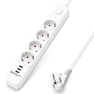 Afbeelding van Aigostar 20BW3 Stekkerdoos 4 voudig 3x USB Met randaarde Verlengsnoer Verlengkabel 1.5 meter Wit Nederlands