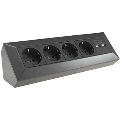 Afbeelding van ChiliTec 4 voudige hoekstekkerdoos 2 stopcontacten USB A 3,1 voor keuken, kantoor, bouw, inbouwmontage, antraciet