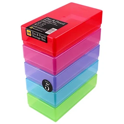 Afbeelding van WestonBoxes 5 stuks opbergdozen van kunststof met deksel voor pennen, potloden en schrijfwaren, 1,4 liter volume (kleurrijk/transparant)