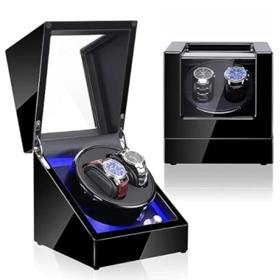 Afbeelding van Olvy Time Luxe Watchwinder voor 2 Horloges Met LED Verlichting Zwarte Lak Dubbele Horloge Opwinder