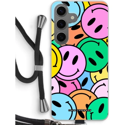 Afbeelding van Case Company® hoesje met Koord geschikt voor Samsung Galaxy S24 Smiley N1 Telefoonhoesje Zwart Bescherming aan alle Kanten en Over de Schermrand