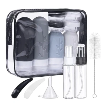 Afbeelding van Mezzar 16 stuks siliconen flessen voor op reis, navulbaar, reiscontainer, shampoo, revitaliserende lotion, douchegel, zwart